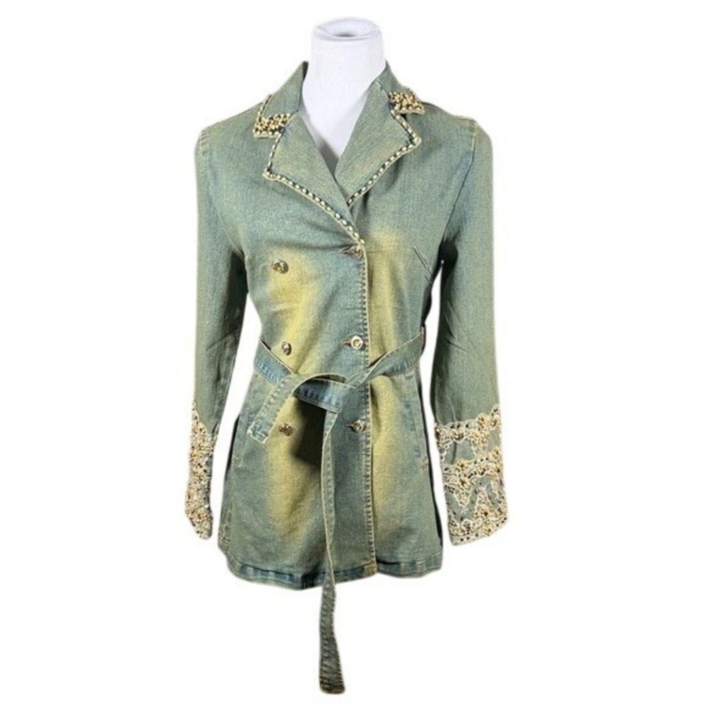 Kaity‎ Womens Blue Denim Beaded Lace Cuff Belted Trench Coat Jacket Small SJ165